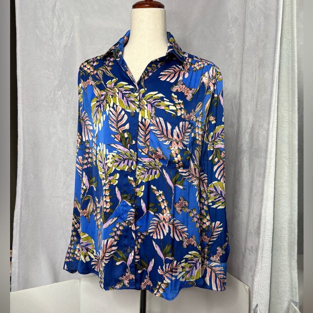 Free People Under The Palms Buttondown Shirt - Royal Blue Botanical - XS - EUC